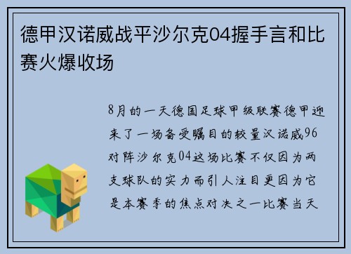 德甲汉诺威战平沙尔克04握手言和比赛火爆收场